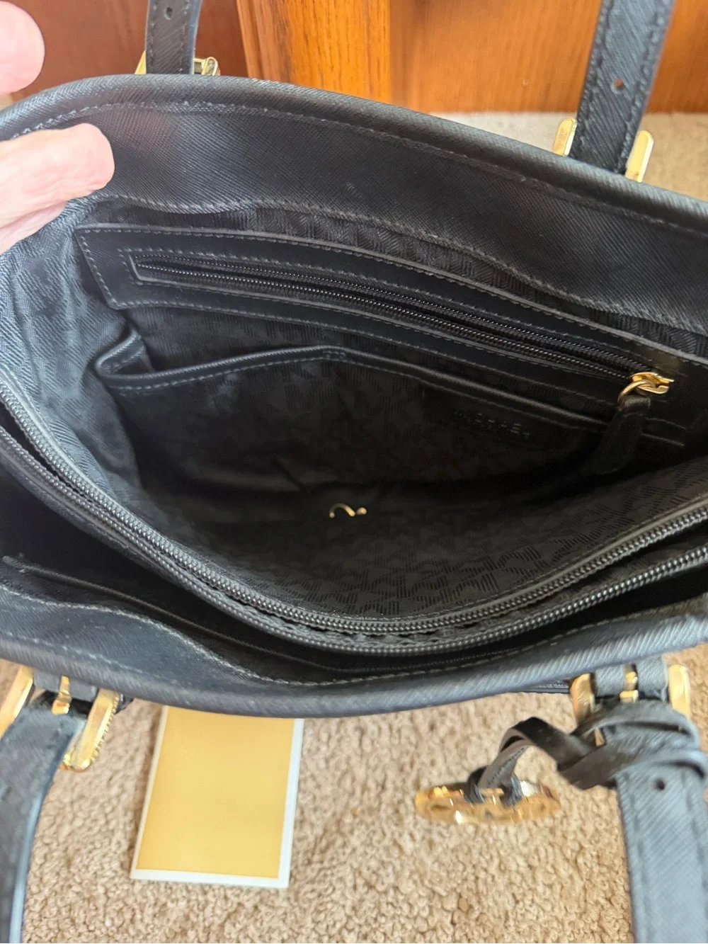 Michael Kors Black Saffiano Leather Tote with Gold MK Charm